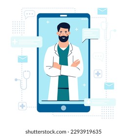 Online doctor at work. Smiling friendly health practitioner in eyeglasses and uniform on smartphone touchscreen during virtual medical consultation. Flat vector illustration