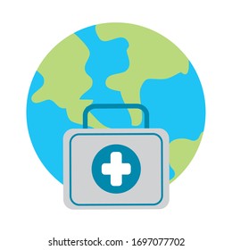 online doctor, world and kit first aid consultant medical protection covid 19 vector illustration, flat style icon