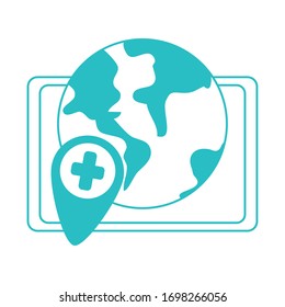 online doctor, world tablet computer consultant medical covid 19 vector illustration, line style icon