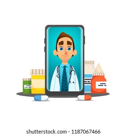 Online Doctor,Future medical consultation concept  doctor talks to the patient through the laptop screen with pills, nose spray. dialogue speech bubbles. vector illustration. cartoon style.isolated.