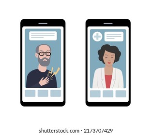 Cita de un médico en línea usando smartphones. Llamada por video al médico y al paciente.