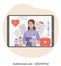 Online doctor's consultation. Doctor is in your tablet. Medical services, telemedicine. Vector.