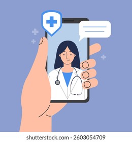 Online doctor's consultation on a smartphone. Woman doctor on a smartphone. Online medicine concept. Hand holds the smartphone. Vector illustration
