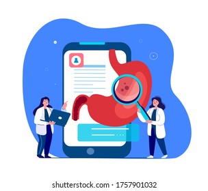 Online Doctors Gastroenterologists Researching, Curing Stomach Ache. Diagnostics Mobile Application. Clinic Consultation Smartphone Medical Hospital.Digital Service,Treatment. Flat Vector Illustration