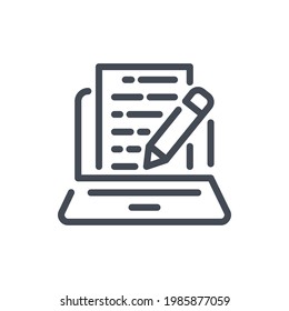Online document and blog writing line icon. Laptop with documentation and pencil vector outline sign.