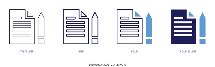 Ícone do editor de documentos on-line em 4 estilos diferentes. Linha fina, Linha, Negrito e Linha Negrito. Estilo duotônico. Traçado editável.