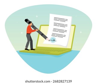 Concepto de firma de documentos en línea. El hombre firma el Acuerdo digital o electrónico al contacto electrónico del Acuerdo.
