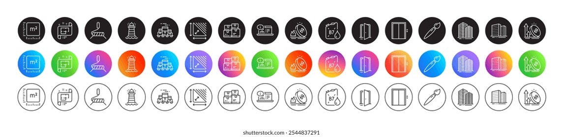 Online documentation, Boxes pallet and Diesel canister line icons. Round icon gradient buttons. Pack of Wholesale inventory, Lift, Skyscraper buildings icon. Vector