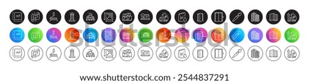 Online documentation, Boxes pallet and Diesel canister line icons. Round icon gradient buttons. Pack of Wholesale inventory, Lift, Skyscraper buildings icon. Vector