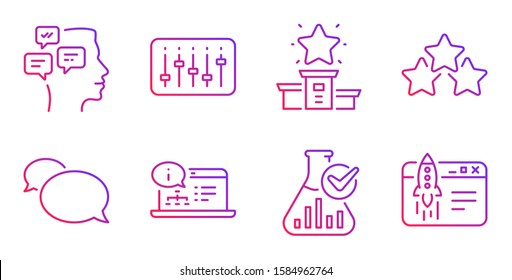 Online documentation, Messages and Messenger line icons set. Ranking stars, Dj controller and Winner podium signs. Chemistry lab, Start business symbols. Web engineering, Notifications. Vector