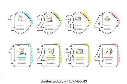 Online documentation, Search file and Music phone icons simple set. Engineering sign. Web engineering, Find document, Radio sound. Construction. Technology set. Infographic timeline. Vector