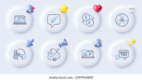 Online documentation, Sick man and Graph laptop line icons. Buttons with 3d bell, chat speech, cursor. Pack of Quick tips, Vitamin h1, Currency exchange icon. Vector