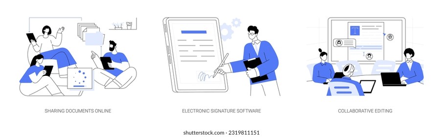 Conjunto de ilustraciones vectoriales de concepto abstracto de software de documentación en línea. Diversas personas compartiendo archivos en línea, un empresario puso la firma electrónica usando tablet, edición colaborativa metáfora abstracta.