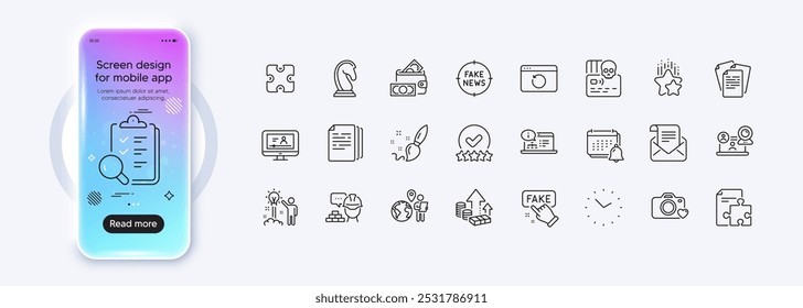 Online documentation, Online video and Fake information line icons for web app. Phone mockup gradient screen. Pack of Rating stars, Creative idea, Recovery internet pictogram icons. Vector