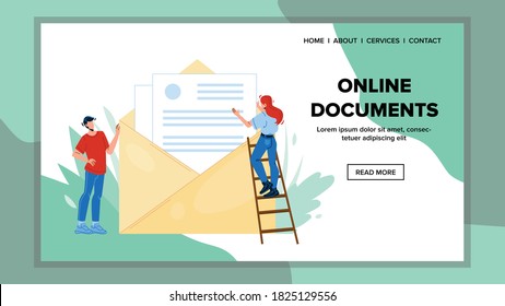 Online Documents Send Letter In Envelope Vector. People Boy And Girl Sending Online Documents. Characters Internet Email Electronic Documentation Files Web Flat Cartoon Illustration