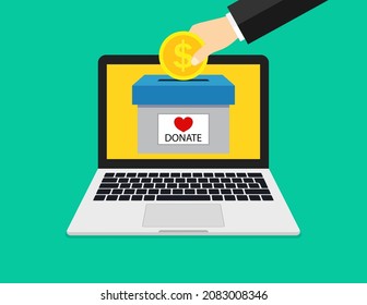 Donar en línea en computadora. Moneda de mano con moneda de dólar para caridad en pantalla portátil. Recaudación de fondos en internet para donaciones. Dé dinero en dinero para caridad. Vector.