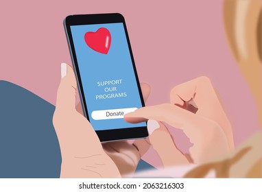 La donación en línea con el dedo presiona el botón de dar en la aplicación para smartphones. Razones para dar con la tecnología