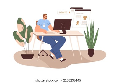 Online donation, charity, contribution concept. Volunteer donating via internet. Person at computer during humanitarian help and support. Flat vector illustration isolated on white background