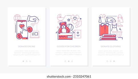 Online donation and charity - line design style banners set with place for text. Philanthropy, donate money to those in need, collect toys and clothes for the orphanage, dress, shirt, shoes and bag