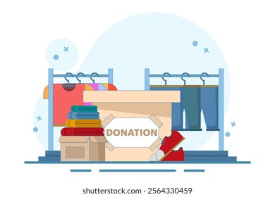 Online Donation Concept for community, smart devices with equipment, clothes and shoes, digital marketing. Charity, love and community support. Flat vector illustration on background.
