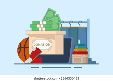 Online Donation Concept for community, smart devices with equipment, clothes and shoes, digital marketing. Charity, love and community support. Flat vector illustration on background.