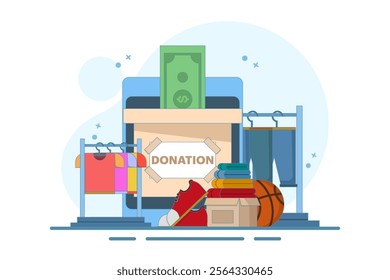 Online Donation Concept for community, smart devices with equipment, clothes and shoes, digital marketing. Charity, love and community support. Flat vector illustration on background.