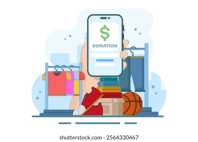 Online Donation Concept for community, smart devices with equipment, clothes and shoes, digital marketing. Charity, love and community support. Flat vector illustration on background.