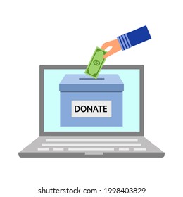 Online Donation Concept. Hand Putting Money In To The Donation Box On Computer Screen In Flat Design. Time For Charity Concept Vector Illustration.