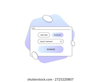Formulário de doação on-line aparece na janela com uma vez opções mensais quantia seleção botão de doação representando caridade arrecadação de fundos filantropia dando apoio conceito tecnologia vetor ilustração