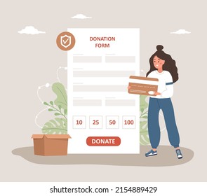 Online donation form. Volunteer woman donating money and paying with credit card. Financial charity for homeless and poor people. Fundraising concept. Vector illustration in flat cartoon style.
