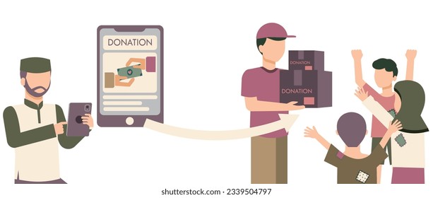 Online donation for muslims in need isolated illustration. A man donate via mobile for muslim children in need with white background.