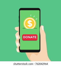 Online Donation Smartphone With Hand And Money Flat Design