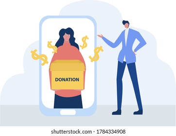 Concepto vectorial de donación en línea: empresario señalando a la gran empresaria que proyecta un smartphone con una caja de cartón de Donación