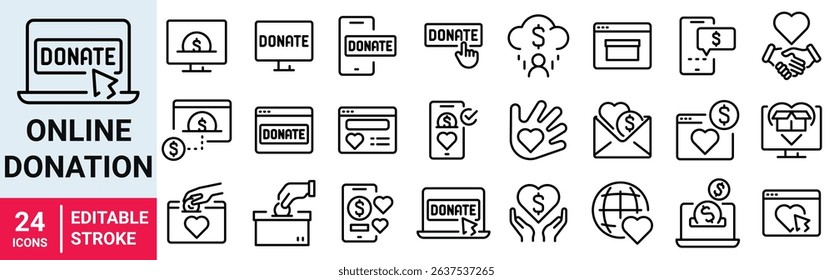 Online Donation web line icons. Charity and Donation. Outline icons vector collection