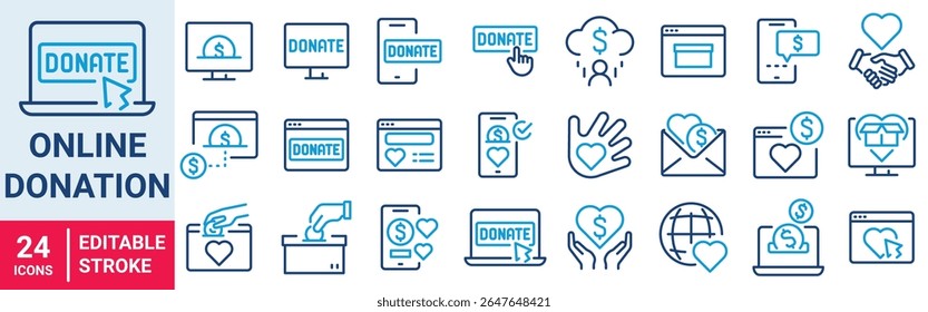 Online Donation web line icons. Charity and Donation. Outline icons vector collection