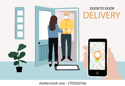 Online door to door delivery contactless service to home,office. delivery man is waring mark to prevent coronavirus