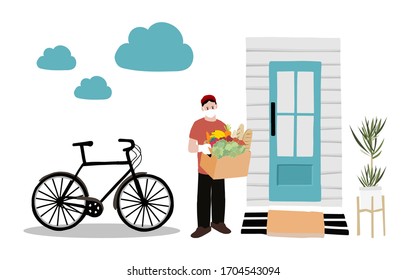 Online door to door delivery contactless service to home,office. delivery man is waring mark to prevent coronavirus