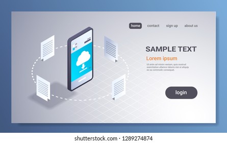 online downloading mobile application computing cloud synchronization concept network sync document storage 3d isometric smartphone screen horizontal copy space