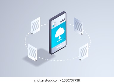 online downloading mobile application computing cloud synchronization concept network sync document storage 3d isometric smartphone screen horizontal