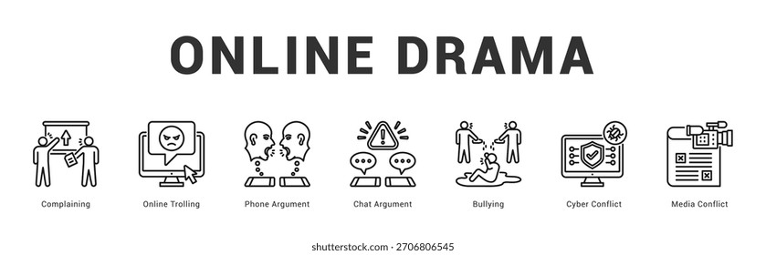 Online Drama Moderne und saubere Web-Banner-Illustration mit thematischen Symbolen für visuelle Kommunikation