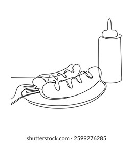 Online drawing of two hot dogs on a plate with mustard, a fork, and a ketchup bottle. Simple, minimalist illustration of a classic American meal.