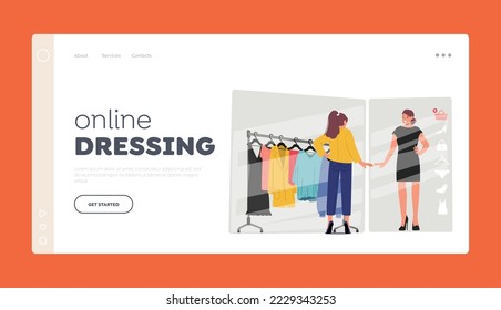 Online Dressing Landing Page Template. Shopper Trying On Clothes Size And Style In Virtual Fitting Room. Female Character Look in Electronic Mirror with Ai Image. Cartoon People Vector Illustration