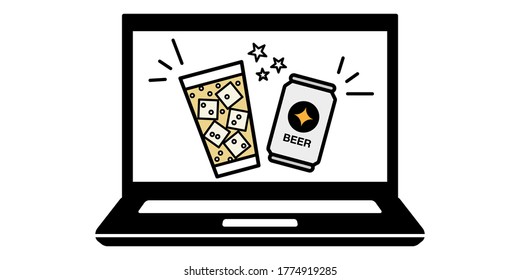 Online drinking party video chat computer vector illustration icon material