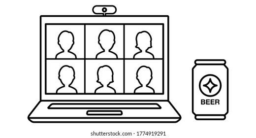 Online drinking party video chat computer vector illustration icon material