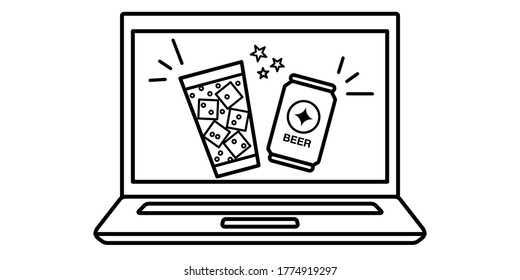 Online Drinking Party Video Chat Computer Vector Illustration Icon Material