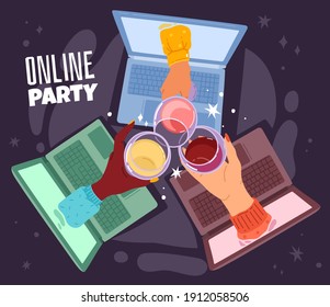 Online Drinking. Remote Communication, Birthday Party Hangout Connection On Laptop, Internet Meeting, Female Hands With Wine Glasses, Videoconference With Friends. Vector Social Media Cartoon Concept