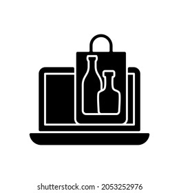 Online Drinks Ordering Black Glyph Icon. Purchasing Alcohol Online. Alcoholic Beverages Home Delivery Service. Selecting Wine And Beer. Silhouette Symbol On White Space. Vector Isolated Illustration