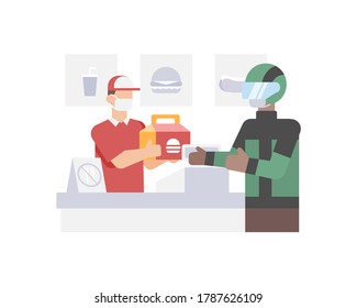 Online driver buy and delivery burger from fast food restaurant to customer house vector illustration