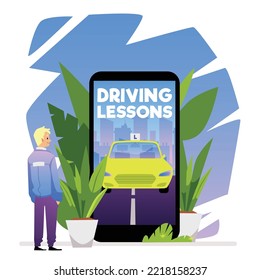 Online driving license school application concept with man in front of mobile phone, flat vector illustration isolated on white background. Driving school and license.