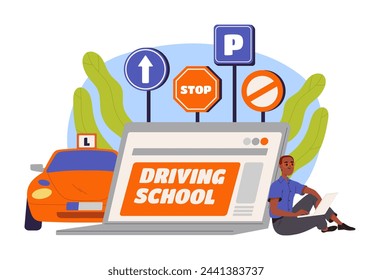 Online driving school concept. Man sitting near laptop with automobile and roadsigns. Driver occupation training and practicing. Cartoon flat vector illustration isolated on white background